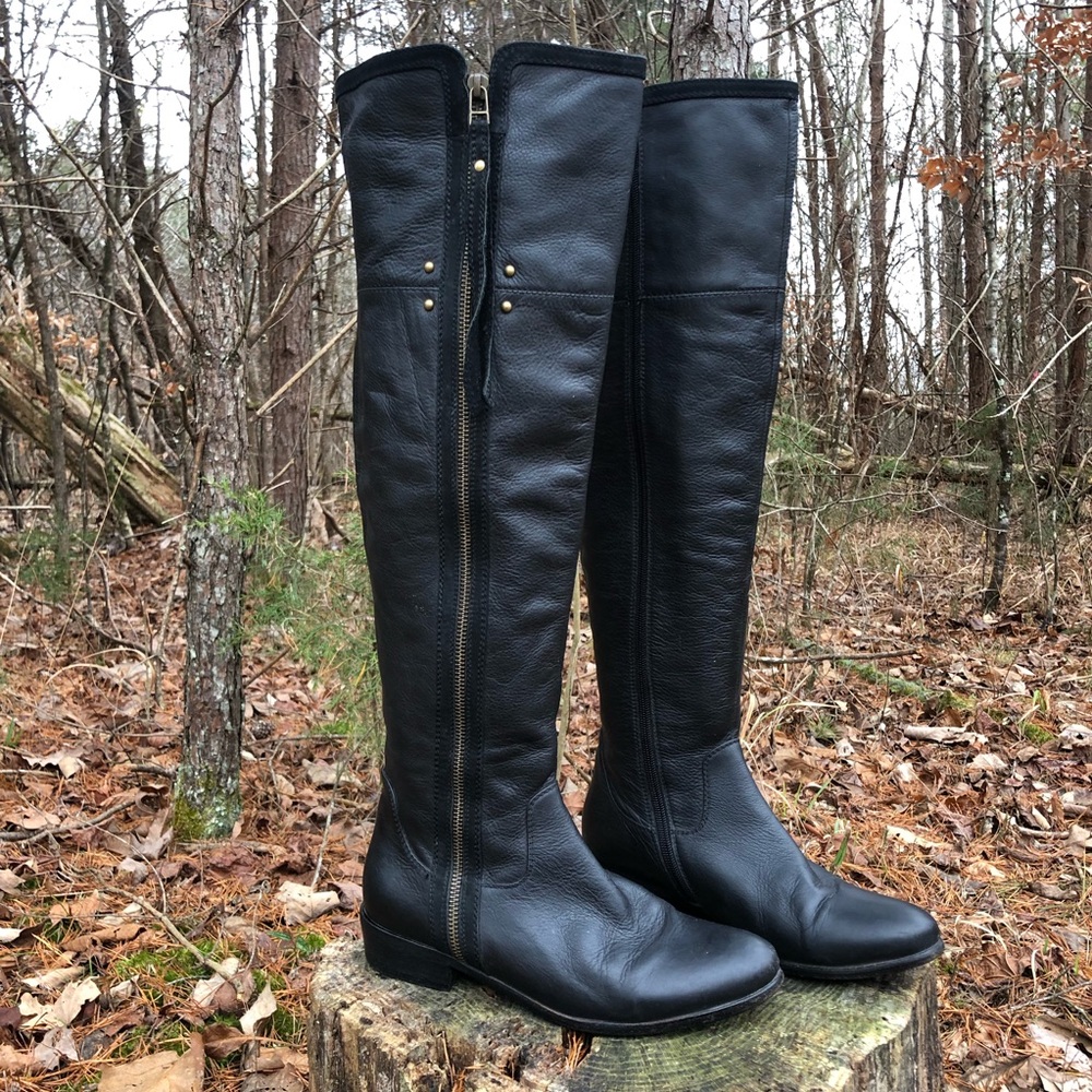 Urban Soul Boots 7.5 Sz 38 Over the Knee Black Leather Zip Classic Riding Style